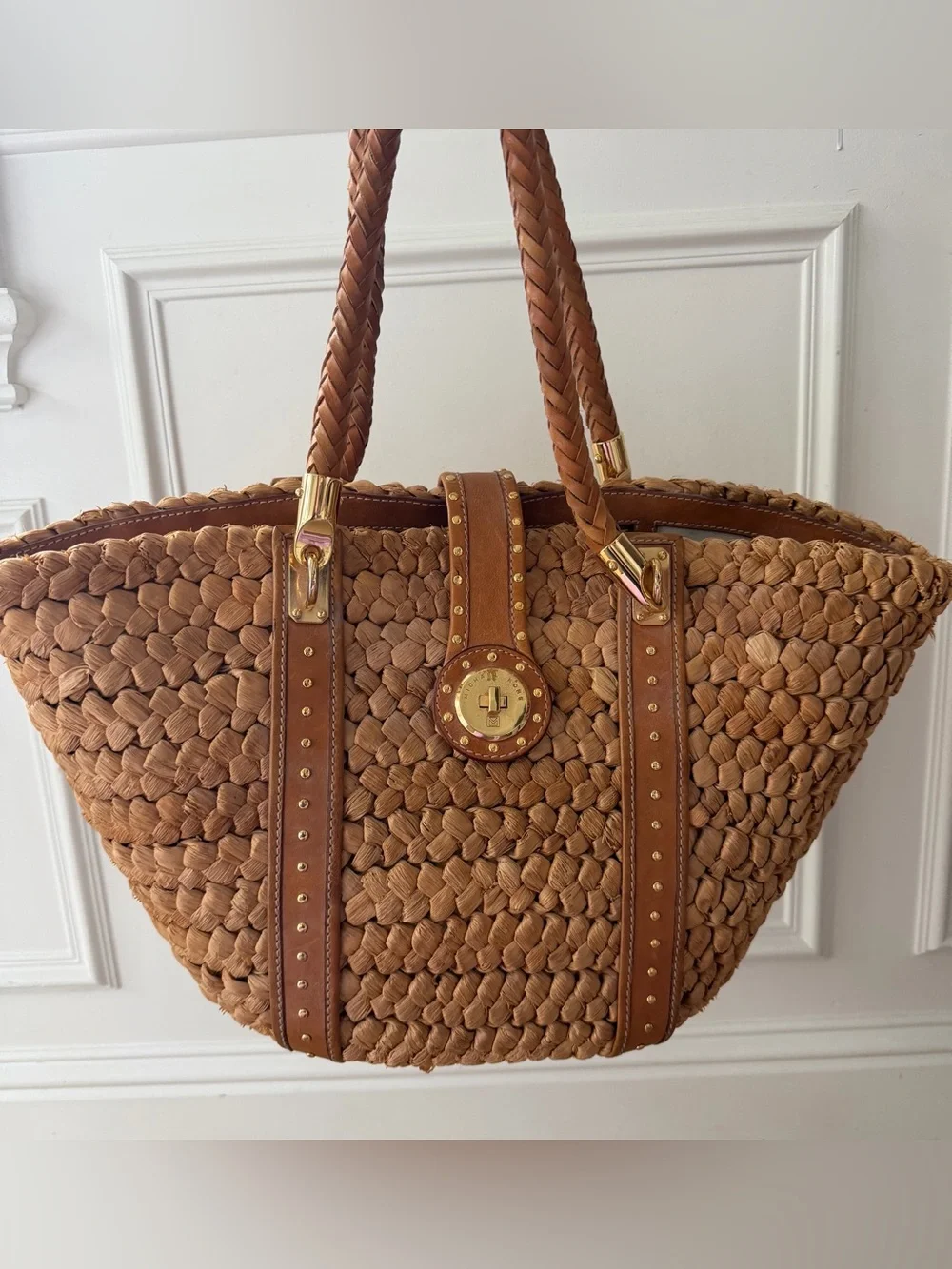Michael Kors Large Woven Straw Tote Bag Leather Trim Gold Stud Beach Purse